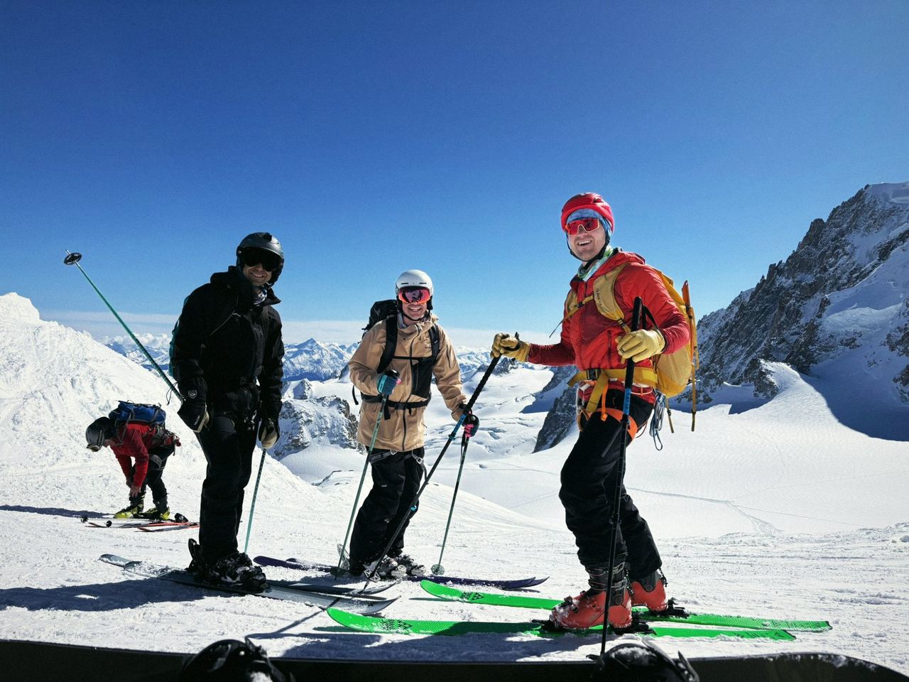Siôn and friends on skis, high in the mountains above Chamonix